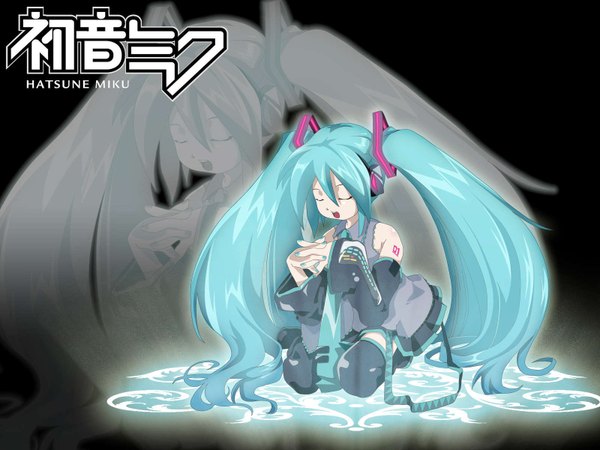Anime picture 1600x1200 with vocaloid hatsune miku swd single fringe open mouth hair between eyes sitting twintails full body eyes closed very long hair aqua hair wallpaper character names wariza zoom layer interlocked fingers girl detached sleeves