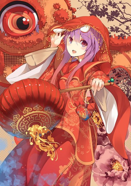 Anime picture 744x1052 with touhou reisen udongein inaba rain lan single long hair tall image looking at viewer blush open mouth red eyes animal ears purple hair traditional clothes bunny ears alternate costume chinese clothes girl dress flower (flowers) hood