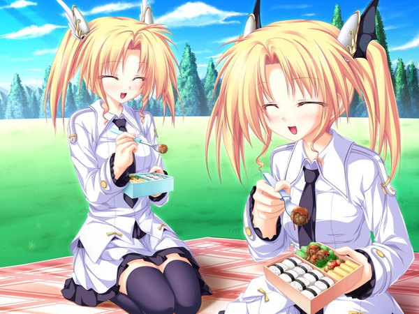 Anime picture 1600x1200 with magus tale whirlpool (studio) nina geminis rena geminis tenmaso blush short hair open mouth blonde hair twintails multiple girls game cg sky cloud (clouds) eyes closed short twintails siblings twins sisters girl