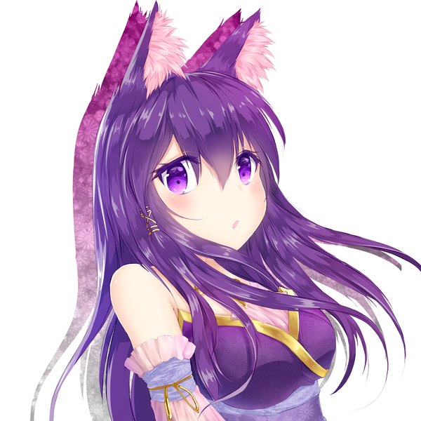 Anime picture 2000x2000 with original futoshi ame single long hair looking at viewer blush fringe highres open mouth simple background white background purple eyes bare shoulders animal ears purple hair cat ears close-up girl detached sleeves