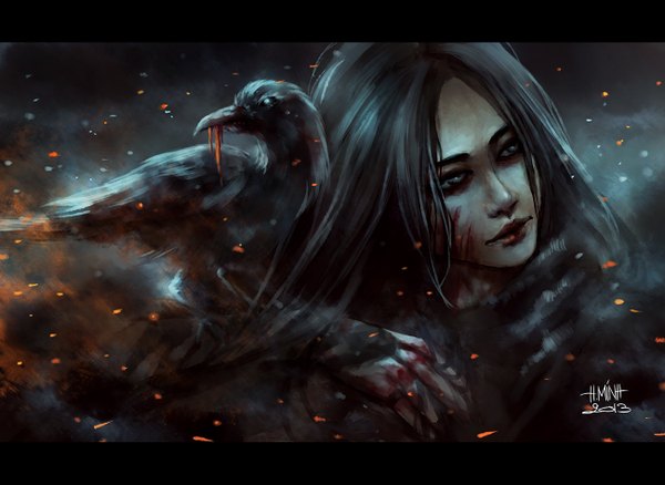 Anime picture 1300x950 with original nanfe long hair black hair smile signed looking away black eyes realistic lipstick dark background letterboxed injury girl animal bird (birds) blood