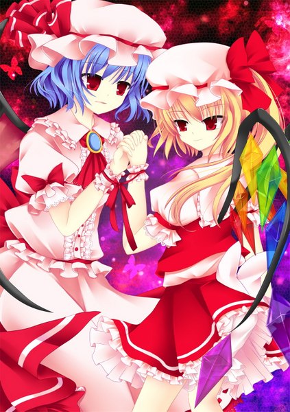 Anime picture 1024x1453 with touhou flandre scarlet remilia scarlet saki oka (artist) tall image short hair blonde hair smile red eyes multiple girls blue hair holding hands siblings girl dress skirt 2 girls wings frills insect