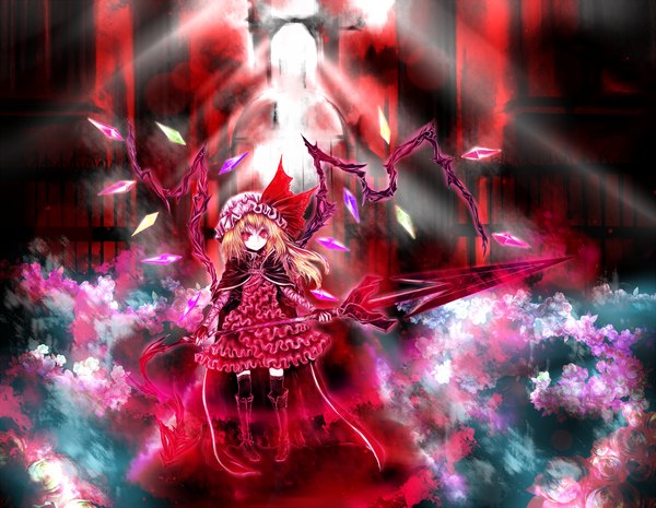 Anime picture 2000x1550 with touhou flandre scarlet acryl (artist) highres short hair blonde hair smile red eyes girl dress flower (flowers) weapon wings rose (roses) bonnet spear laevatein (touhou)
