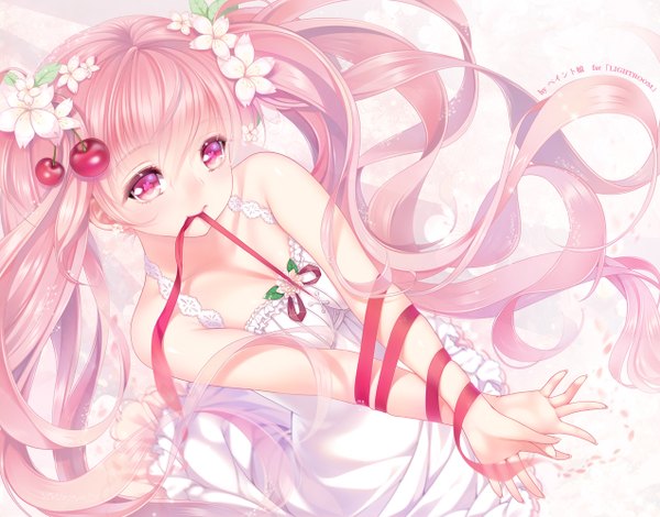 Anime picture 1274x1000 with vocaloid hatsune miku sakura miku paint musume single long hair looking at viewer twintails holding pink hair pink eyes hair flower fingernails mouth hold symbol-shaped pupils ribbon in mouth girl dress hair ornament flower (flowers)