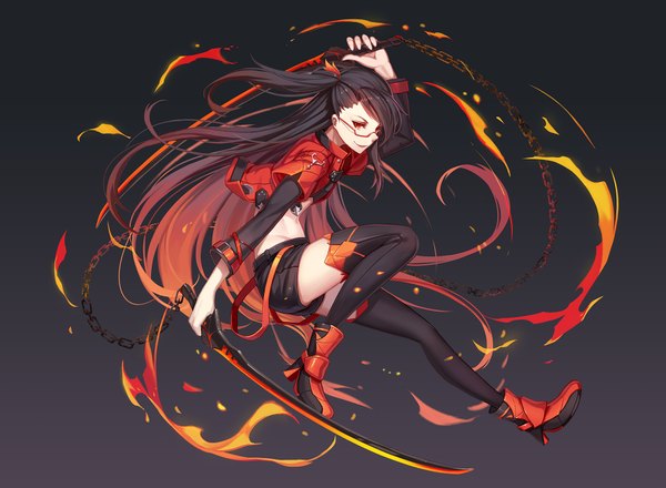 Anime picture 1800x1320 with original nian (zhanian) single long hair looking at viewer fringe highres black hair simple background smile red eyes twintails holding bent knee (knees) red hair open clothes open jacket bare belly high heels black background