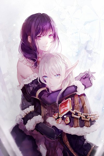 Anime picture 800x1200 with dragon nest tempest (dragon nest) chaos mage (dragon nest) satsuya long hair tall image looking at viewer fringe blue eyes smile white background purple eyes bare shoulders multiple girls purple hair white hair braid (braids) pointy ears hug girl
