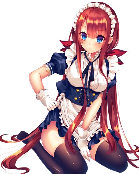 Anime picture 800x1000 with kantai collection kawakaze (kantai collection) saijou haruki single tall image looking at viewer blush fringe breasts blue eyes simple background white background sitting twintails holding bent knee (knees) red hair very long hair :o maid