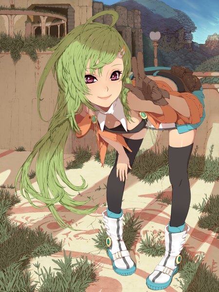 Anime picture 3000x4000 with original nayu single long hair tall image highres red eyes purple eyes ahoge green hair girl thighhighs gloves black thighhighs boots fanny pack