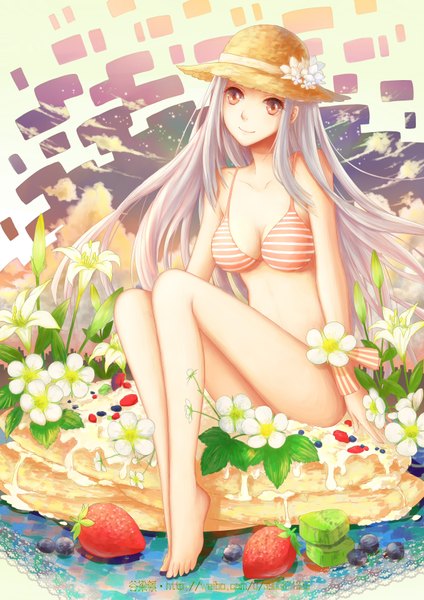 Anime picture 2480x3507 with original guliangdun single long hair tall image looking at viewer highres breasts light erotic brown eyes white hair girl flower (flowers) swimsuit hat bikini food berry (berries) strawberry