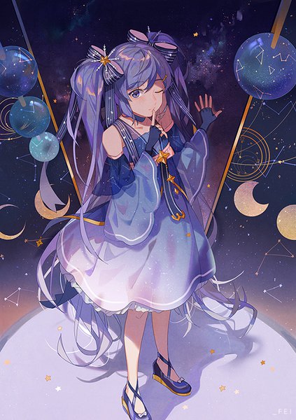 Anime picture 564x800 with vocaloid star night snow (vocaloid) hatsune miku yuki miku yuki miku (2017) fei renlei single tall image fringe blue eyes standing twintails blue hair ahoge very long hair one eye closed wink wide sleeves girl dress