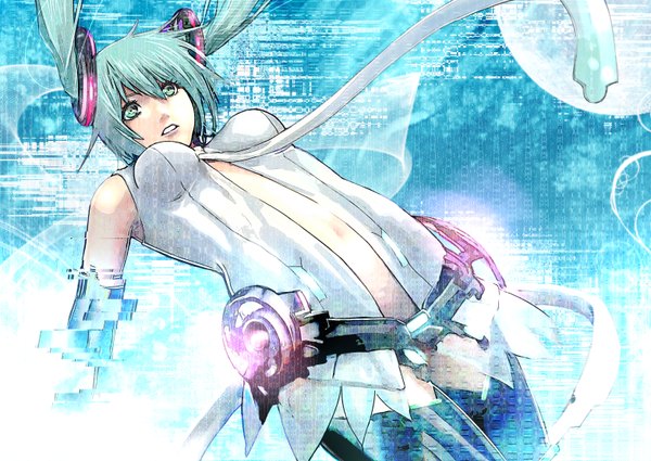 Anime picture 3136x2224 with vocaloid vocaloid append hatsune miku hatsune miku (append) akechi shizuku single long hair highres open mouth twintails bare shoulders green eyes absurdres aqua hair girl navel necktie belt