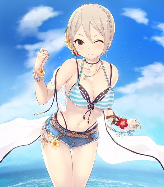 Anime picture 3425x3898 with idolmaster idolmaster cinderella girls shiomi shuuko cait single tall image looking at viewer blush fringe highres short hair breasts open mouth light erotic blonde hair smile hair between eyes large breasts standing absurdres