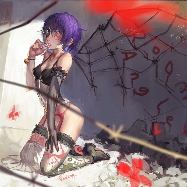 Anime picture 2000x2000 with original pandegg single looking at viewer highres short hair light erotic holding signed purple hair nail polish pink eyes kneeling mouth hold girl thighhighs gloves underwear elbow gloves food