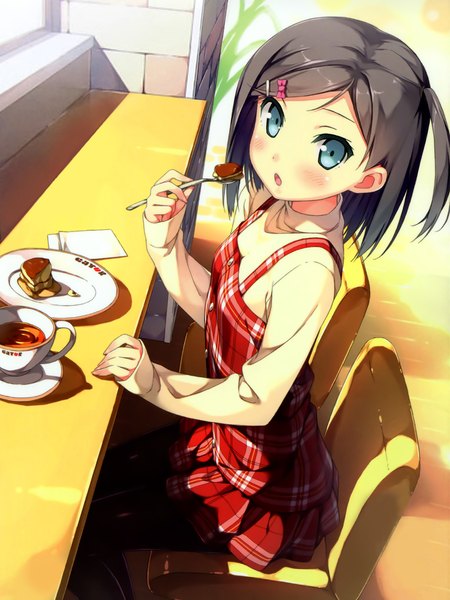 Anime picture 1920x2560 with hentai ouji to warawanai neko j.c. staff tsutsukakushi tsukiko kantoku single tall image looking at viewer blush highres short hair open mouth blue eyes black hair official art one side up eating girl dress cup