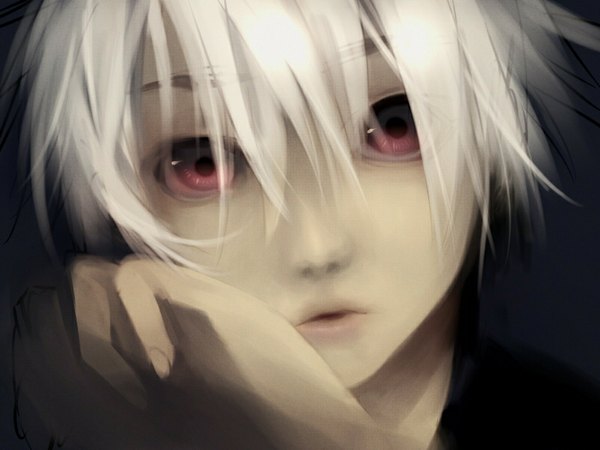 Anime picture 800x600 with matsunaka hiro single looking at viewer fringe short hair open mouth red eyes white hair parted lips fingernails lips black background close-up face boy hand
