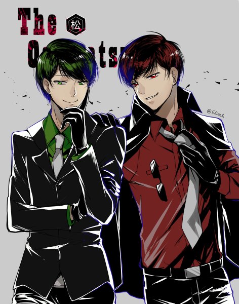 Anime picture 944x1200 with osomatsu-san matsuno osomatsu matsuno choromatsu ekita xuan tall image looking at viewer fringe short hair black hair simple background smile red eyes green eyes signed ahoge red hair multicolored hair green hair grey background two-tone hair