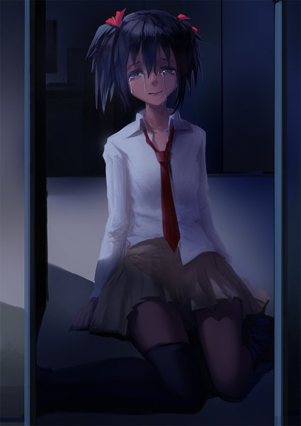 Anime picture 1040x1468 with blackrabbitsoul single tall image looking at viewer short hair black hair sitting twintails black eyes night short twintails crying girl thighhighs skirt uniform ribbon (ribbons) black thighhighs hair ribbon school uniform
