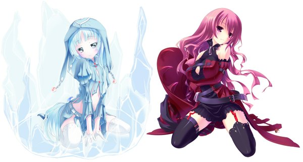 Anime picture 1500x800 with original hinasaki you light erotic wide image white background multiple girls blue hair pink hair girl thighhighs 2 girls hood