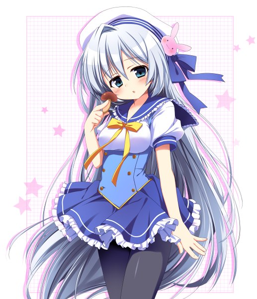 Anime picture 1034x1200 with original nagayama yuunon single long hair tall image blush open mouth blue eyes silver hair border girl dress star (symbol) beret