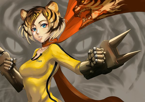 Anime picture 1052x744 with original realmbw single blue eyes animal ears girl gloves weapon scarf tiger