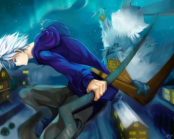 Anime picture 1000x800 with rise of the guardians dreamworks jack frost (rise of the guardians) bunnymund quinnyilada ebenzsheep quinny il short hair blue eyes sky white hair profile night sky snowing aurora borealis boy weapon plant (plants) animal tree (trees)