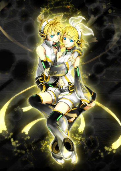 Anime picture 1748x2480 with vocaloid vocaloid append kagamine rin kagamine len kagamine rin (append) kagamine len (append) yamano uzura yaman ouzura tall image highres short hair blue eyes blonde hair smile hug black background twins girl boy bow