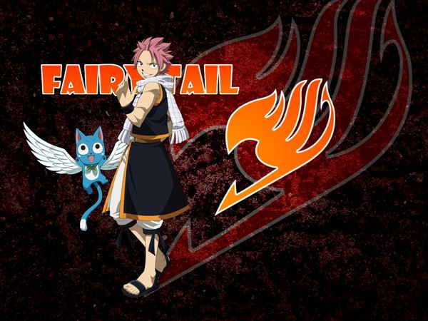 Anime picture 1152x864 with fairy tail natsu dragneel happy (fairy tail) short hair open mouth simple background pink hair black eyes inscription sleeveless muscle boy animal wings scarf cat