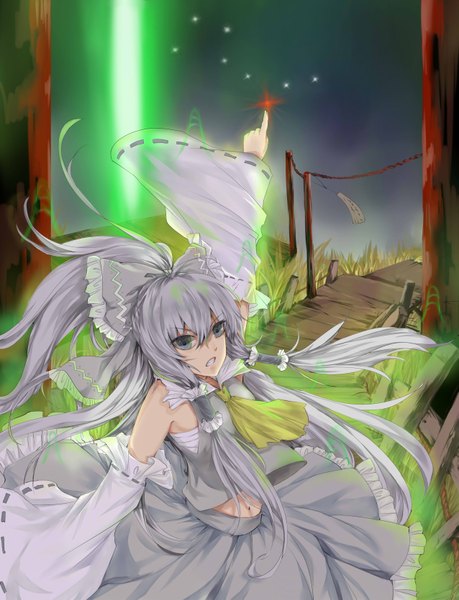 Anime picture 2551x3337 with touhou hakurei reimu hongmao single long hair tall image highres bare shoulders grey hair grey eyes grin miko alternate color girl skirt bow hair bow detached sleeves bandage (bandages) skirt set
