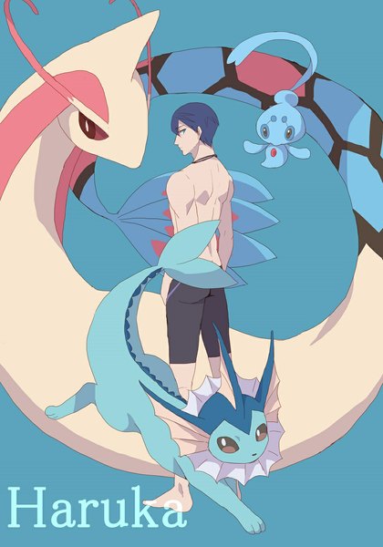 Anime picture 827x1182 with pokemon free! kyoto animation nintendo nanase haruka (free!) vaporeon milotic phione ronisuke single tall image looking at viewer short hair blue eyes simple background blue hair profile character names blue background crossover