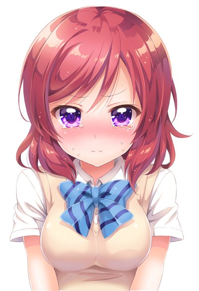 Anime picture 600x876 with love live! school idol project sunrise (studio) love live! nishikino maki sakurai makoto (custom size) single tall image looking at viewer fringe short hair breasts simple background large breasts white background purple eyes pink hair red hair embarrassed tears girl