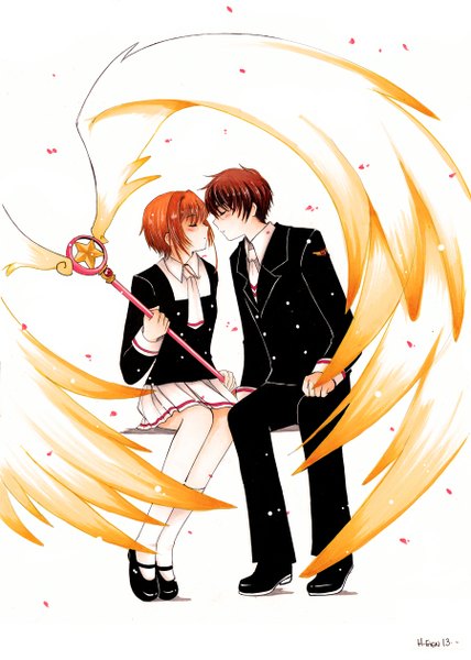 Anime picture 900x1260 with card captor sakura clamp kinomoto sakura li xiaolang hallsth-eien tall image blush short hair simple background brown hair white background sitting holding eyes closed profile pleated skirt orange hair couple face to face almost kiss