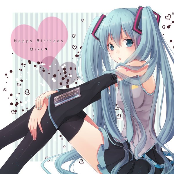 Anime picture 831x831 with vocaloid hatsune miku nunucco single looking at viewer blush fringe sitting twintails very long hair nail polish aqua eyes aqua hair :o character names happy birthday girl thighhighs black thighhighs detached sleeves