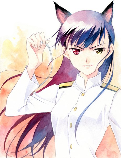 Anime picture 790x1026 with strike witches sakamoto mio agahari single long hair tall image looking at viewer fringe smile animal ears purple hair wind cat ears heterochromia alternate hairstyle traditional media watercolor (medium) girl uniform military uniform