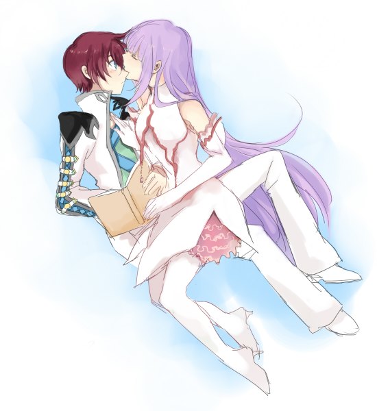 Anime picture 1100x1200 with tales of graces sophie (tales) asbel lhant tagme (artist) long hair tall image short hair blue eyes brown hair bare shoulders purple hair couple kiss girl dress boy gloves elbow gloves book (books) suit