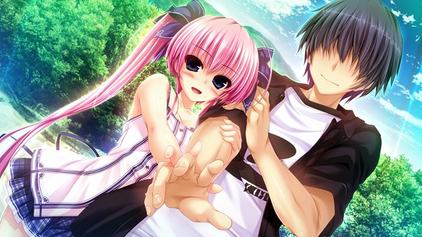 Anime picture 2560x1440 with sakigake generation! clochette benifuzi yuria oshiki hitoshi long hair blush highres short hair blue eyes black hair wide image twintails pink hair game cg couple girl dress boy bow hair bow