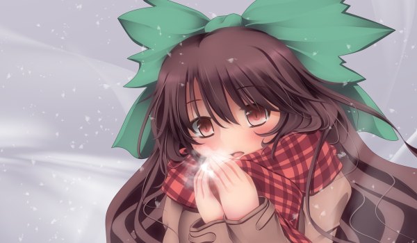 Anime picture 2400x1400 with touhou reiuji utsuho bunchin (siso junzy) single long hair blush highres black hair red eyes wide image alternate costume snowing winter snow exhalation cold girl bow hair bow jacket