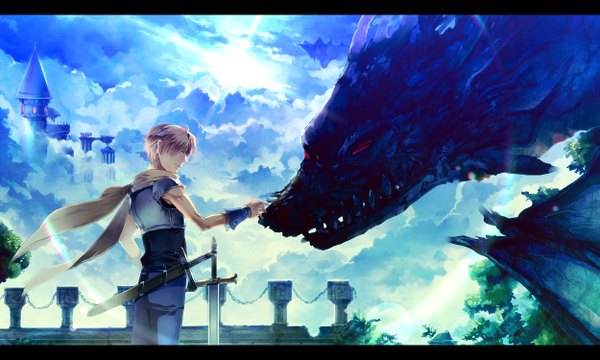 Anime picture 1250x750 with bahamut lagoon byuu sunakumo single short hair blonde hair red eyes wide image cloud (clouds) fantasy boy weapon animal sword scarf dragon castle