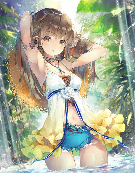 Anime picture 936x1200 with original deecha single long hair tall image looking at viewer fringe breasts light erotic brown hair standing brown eyes yellow eyes cleavage sunlight teeth sparkle armpit (armpits) partially submerged adjusting hair