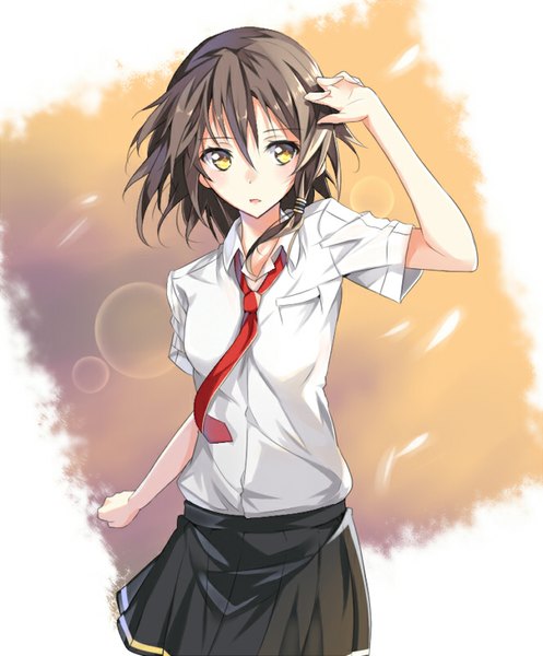 Anime picture 663x800 with original tsuedzu single tall image short hair brown hair standing yellow eyes looking away parted lips pleated skirt girl skirt shirt necktie white shirt