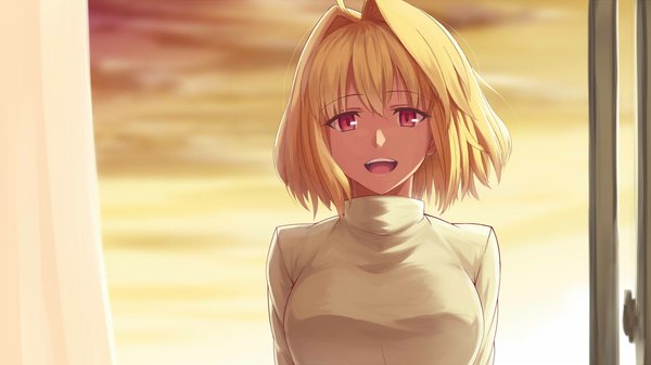 Anime picture 1133x637 with shingetsutan tsukihime type-moon arcueid brunestud bible (pixiv) single looking at viewer short hair open mouth blonde hair smile red eyes wide image sky cloud (clouds) sunlight girl curtains