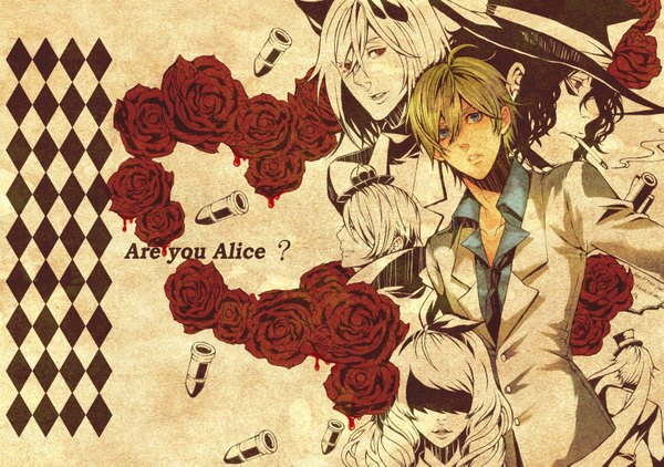 Anime picture 3445x2425 with are you alice alice (are you alice) sato (cat101) highres short hair blue eyes blonde hair red eyes animal ears absurdres profile mouth hold smoke group smoking rhombus formal girl boy flower (flowers)