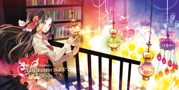 Anime picture 1460x738 with original musou yuchi single long hair red eyes brown hair wide image checkered floor girl dress hair ornament book (books) lantern corset