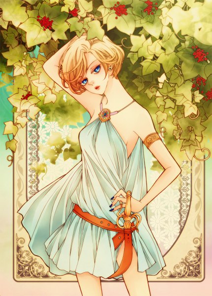 Anime picture 1000x1393 with bishoujo senshi sailor moon toei animation tenou haruka sailor uranus sizh single tall image looking at viewer short hair blue eyes blonde hair bare shoulders nail polish side slit hands on head girl dress flower (flowers) weapon earrings