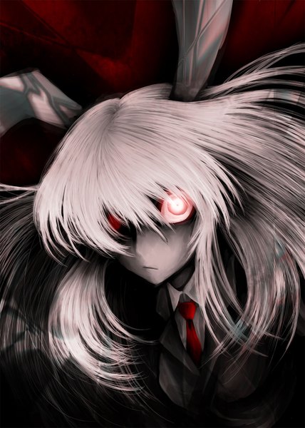 Anime picture 1250x1750 with touhou reisen udongein inaba am24 long hair tall image red eyes animal ears white hair bunny ears glowing bunny girl glowing eye (eyes) girl necktie