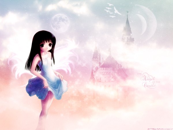 Anime picture 1600x1200 with original goto p single long hair brown hair brown eyes barefoot loli wallpaper flat chest third-party edit girl dress animal white dress bird (birds) moon