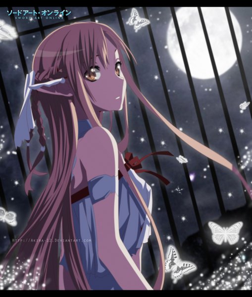 Anime picture 1200x1412 with sword art online a-1 pictures yuuki asuna akira-12 single long hair tall image brown hair brown eyes braid (braids) looking back inscription night sky coloring girl insect butterfly star (stars) full moon