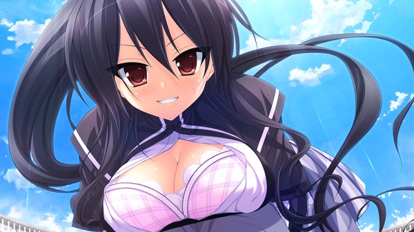 Anime picture 1280x720 with tiny dungeon (game) rosebleu vell sein long hair breasts light erotic black hair red eyes wide image game cg girl