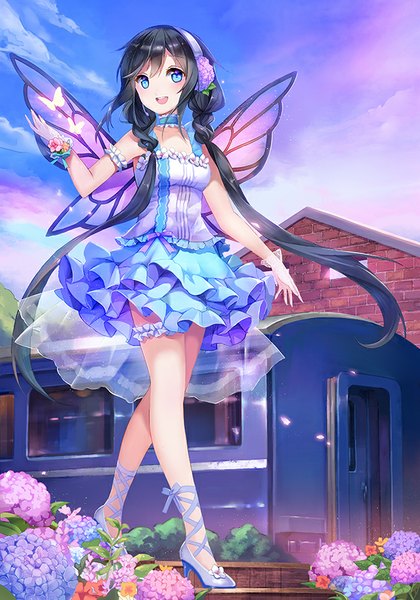Anime picture 622x888 with utau xia yu yao stellarism single long hair tall image blush fringe open mouth blue eyes black hair smile sky cloud (clouds) girl dress gloves flower (flowers) insect butterfly