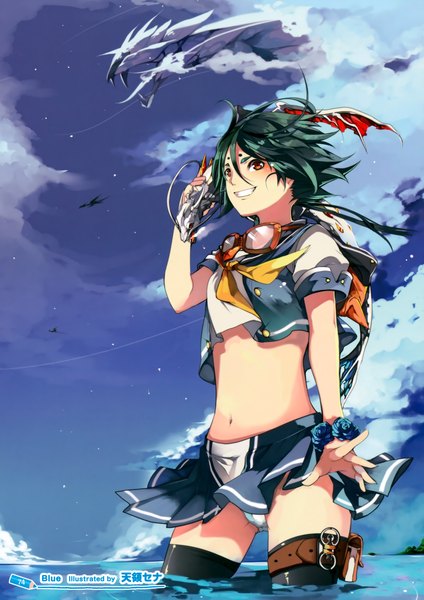 Anime picture 2472x3500 with original sena (artist) tall image highres short hair light erotic smile red eyes sky cloud (clouds) green hair pantyshot girl thighhighs navel flower (flowers) black thighhighs miniskirt goggles dragon