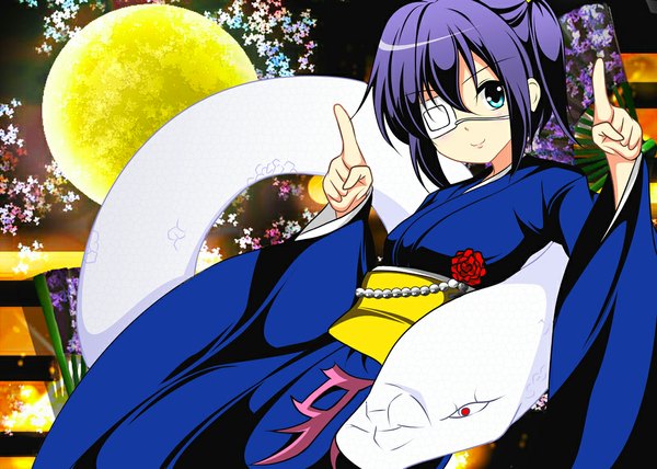 Anime picture 1066x762 with chuunibyou demo koi ga shitai! kyoto animation takanashi rikka tsuki no alice short hair blue eyes purple hair japanese clothes one side up new year girl flower (flowers) kimono obi eyepatch fan snake